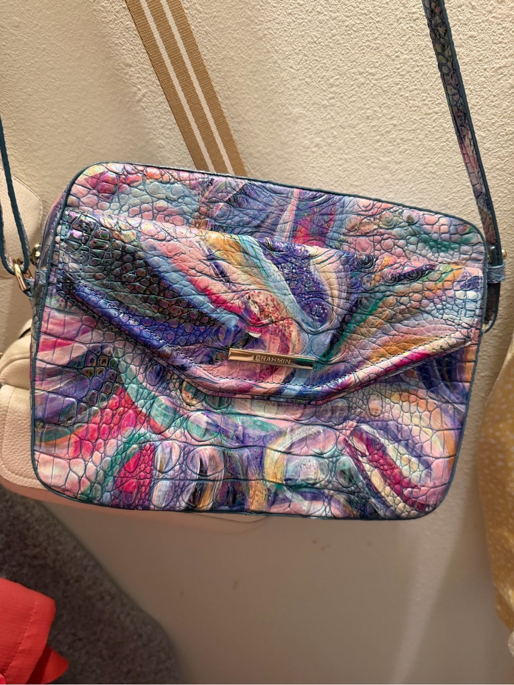 Brahmin Multicolor Swirl Embossed Crossbody in Pink Purple Blue Green
